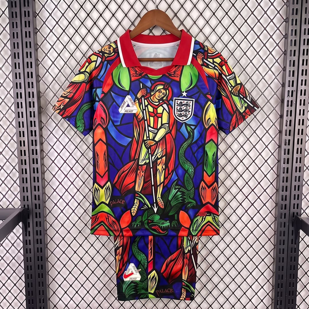 2026 England x Palace Skateboards St. George Dragon Stained-glass Red Kids Soccer Jersey